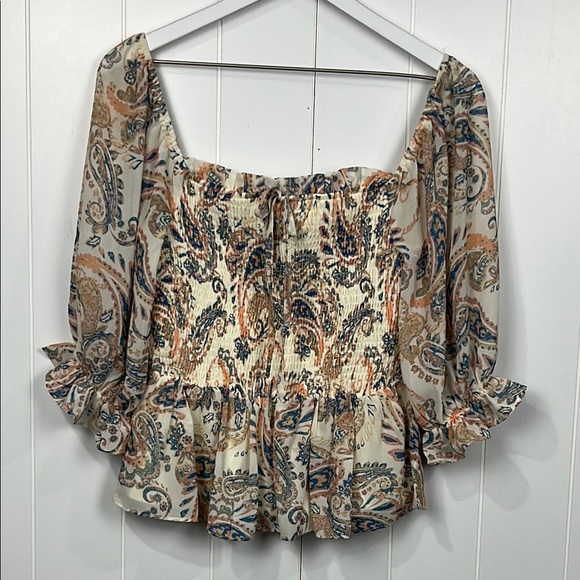 Flying Tomato Womens Top M Cream Blue Gold Smocked Bodice Off-Shoulder Smocked - Picture 1 of 12